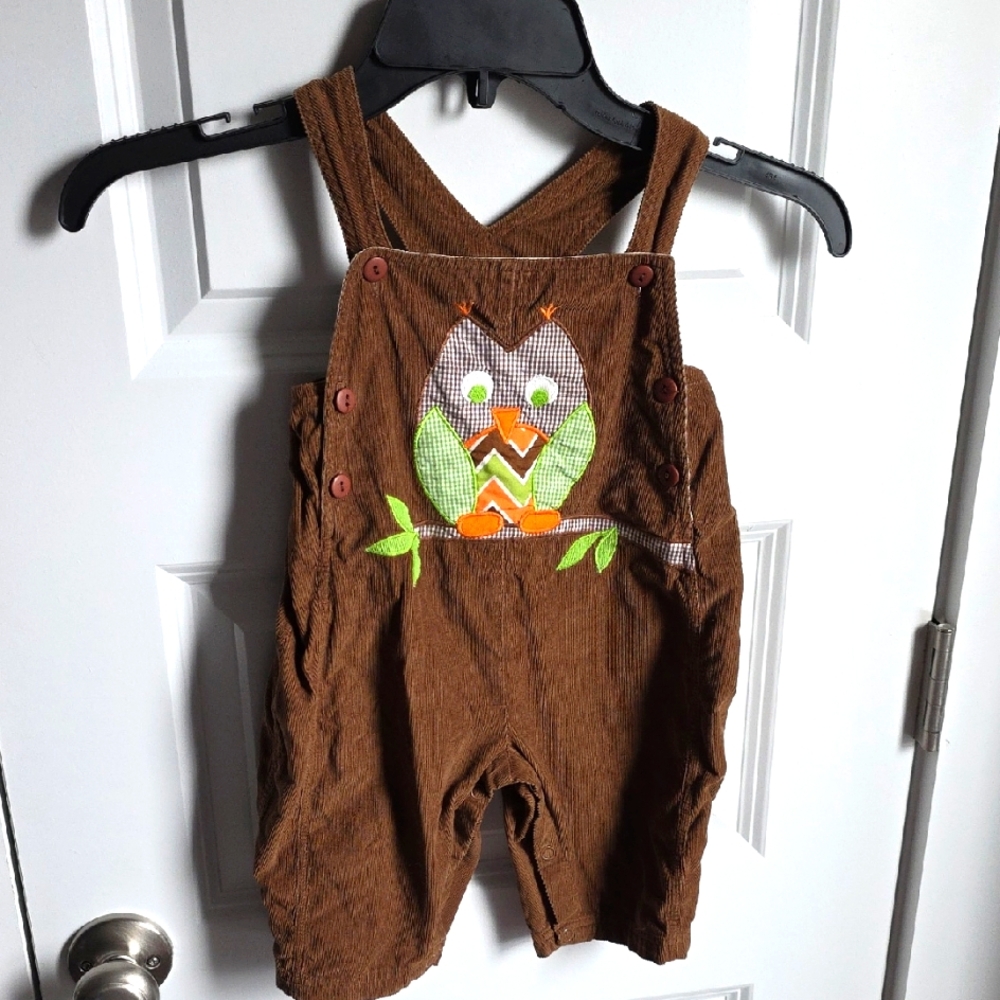 Brown Corduroy  Owl Embroidered Kids Overalls Size 9m